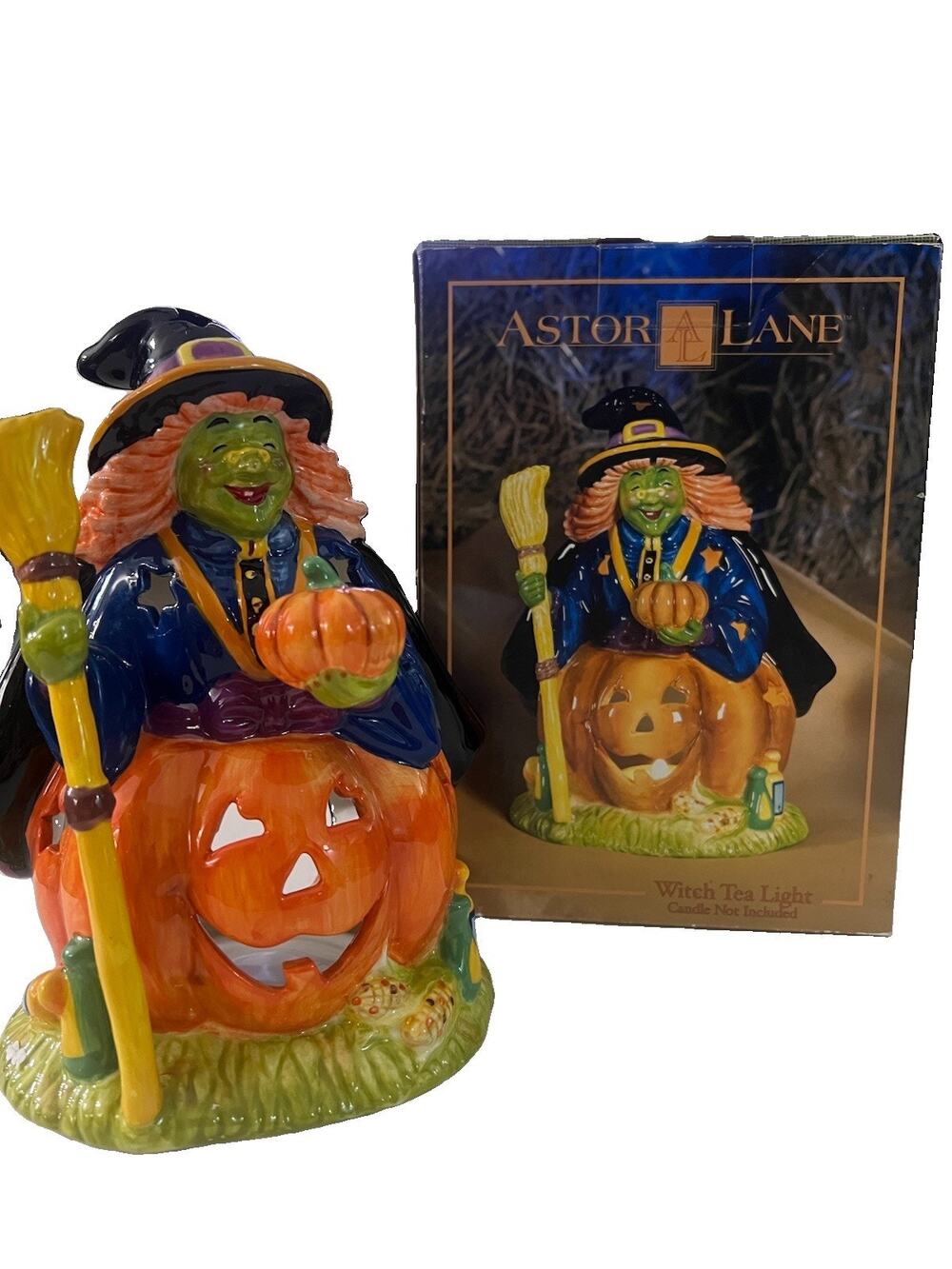 ASTOR LANE Witch Pumpkin Tealight Halloween Figurine Votive Ceramic Figurine 8”